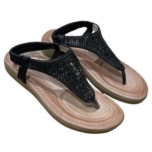 Super Women Italian Leather Size 37 Black Jewel Cushion Comfort Sandals